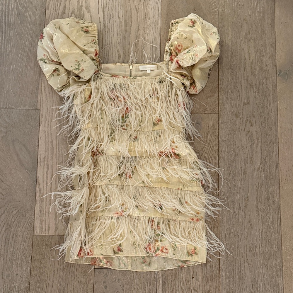 LoveShackFancy Cream Floral Mini Dress with Feather Accents